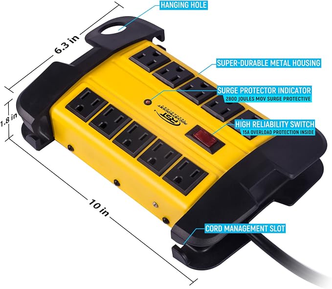 CRST 10-Outlets Heavy Duty Power Strip Metal Surge Protector - Image 5