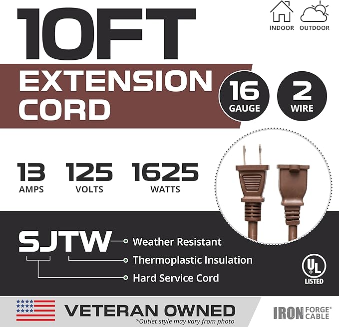 Iron Forge Cable 2 Prong Outdoor Extension Cord 10 ft, 16/2 SJTW 10 Foot Brown - Image 2