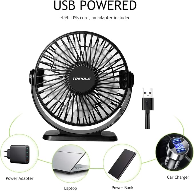 TriPole Desk Fan USB Powered 2 Pack Black Small Portable Fan, 3 Speeds Strong - Image 3