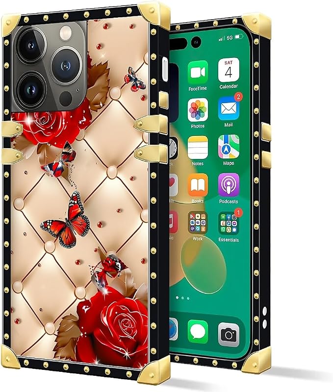 Compatible with iPhone 14 Pro Max Case, Shining Red Rose Butterfly Leather - Image 2