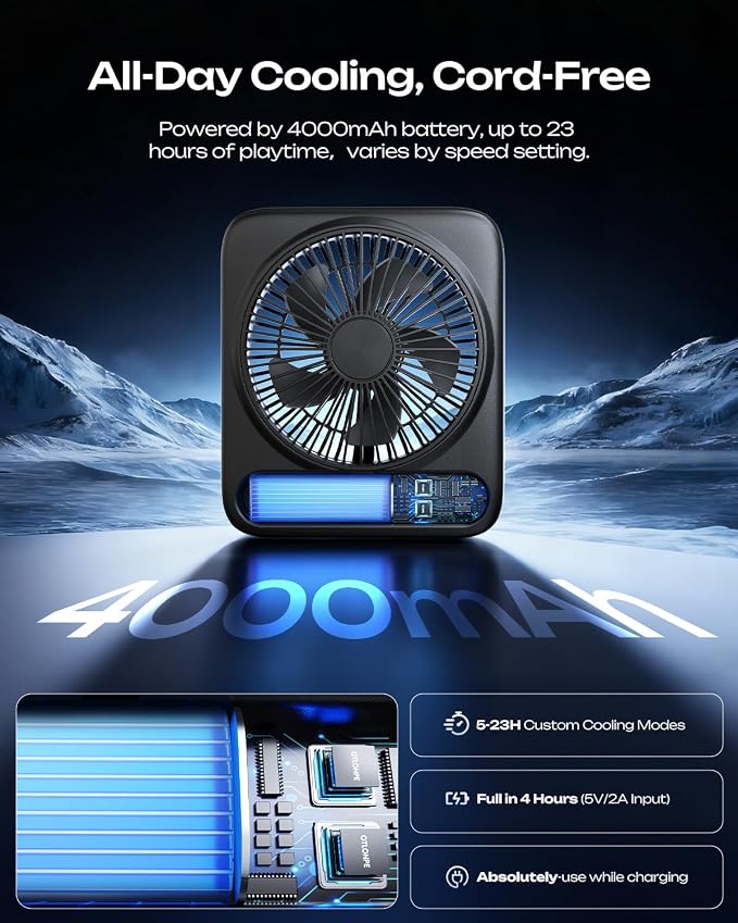 Otlonpe Personal Portable Desk Fan 2 Pack, 4000mAh Small Rechargeable Portable - Image 4