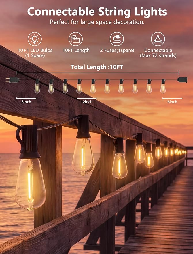 10FT Outdoor String Lights, ST40 Shatterproof Vintage Edison Bulbs, Indoor - Image 2