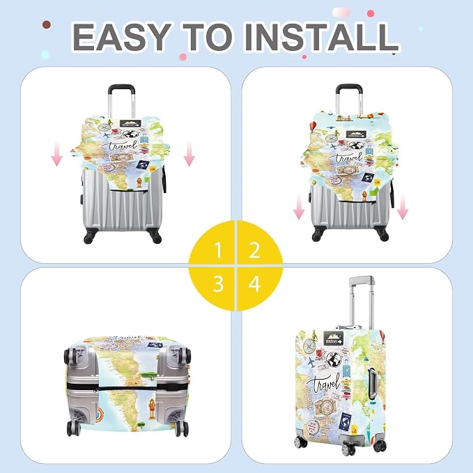 ANNA QUEEN Travel Collage Luggage Cover, World Map & Sticker Style Suitcase - Image 5