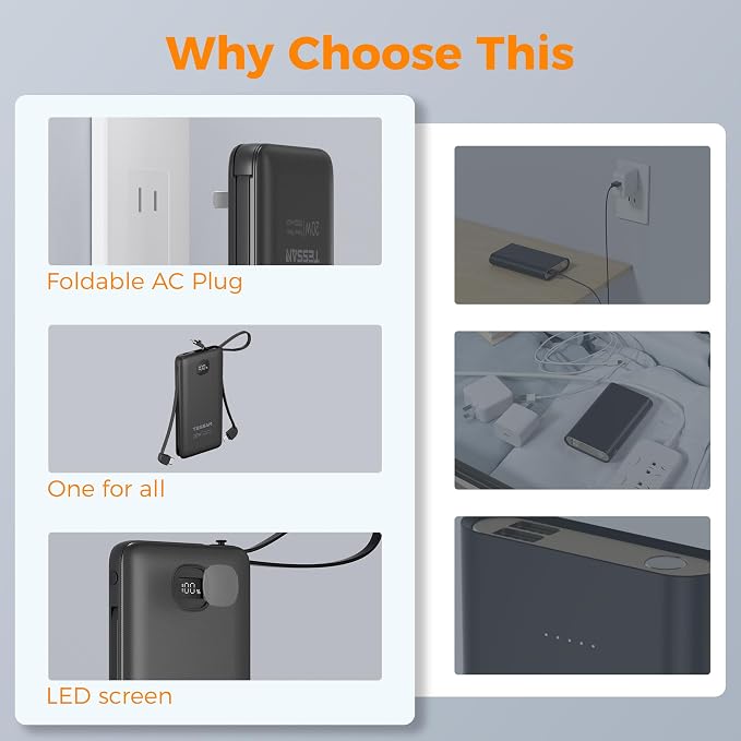 TESSAN Portable Charger with Built in Cables, 10000mAh Power Bank Fast Charging - Image 3