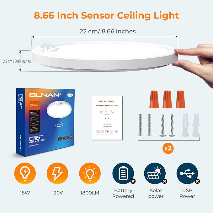BLNAN Motion Sensor Ceiling Light Wired, 8.7 Inch 3000K 4000K 5000K Selectable - Image 7