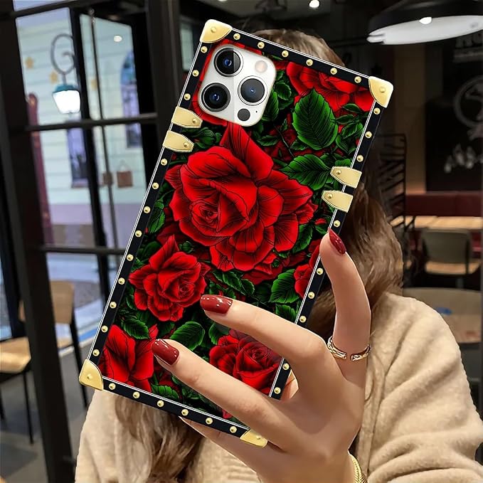 Compatible with iPhone 12 12 Pro Case, Vector Red Rose Green Leaf Luxury Golden - Image 6
