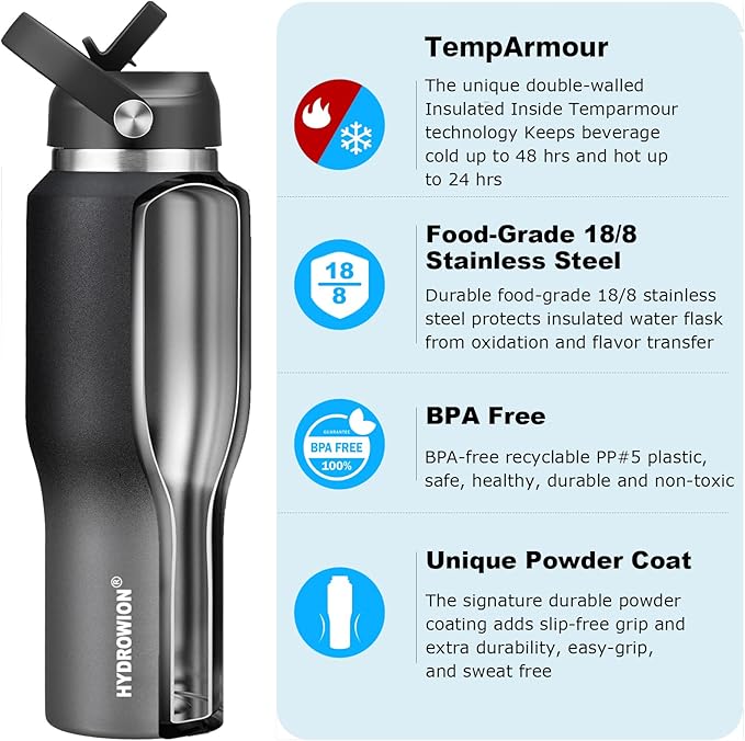 HYDROWION 32oz Water Bottle, Double Wall Vacuum Stainless Steel Insulated Water - Image 2