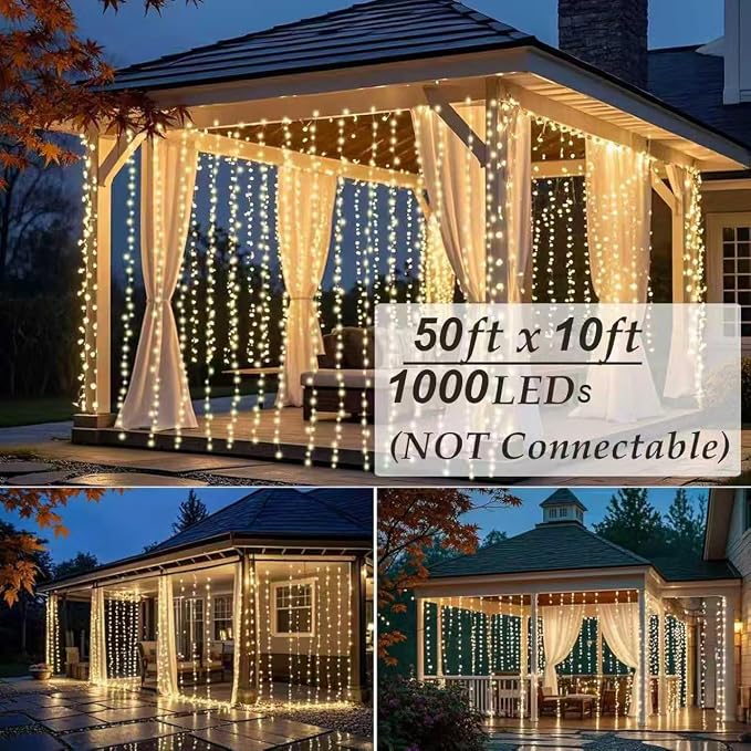 Solhice LED Curtain Lights Outdoor 50ft x10ft, 1000 LED Plug in Hanging String - Image 2