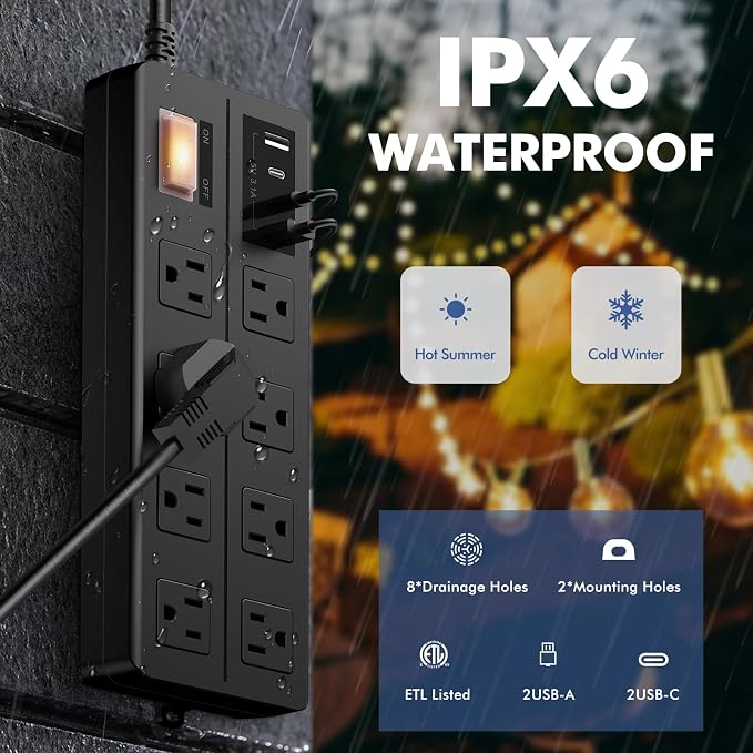 15FT Outdoor Waterproof Power Strip Surge Protector - Image 2