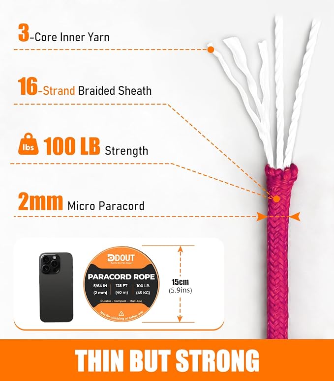 DDOUT 2mm Paracord 100lb, Thin Micro Paracord Rope, DIY Projects, Camping & - Image 2