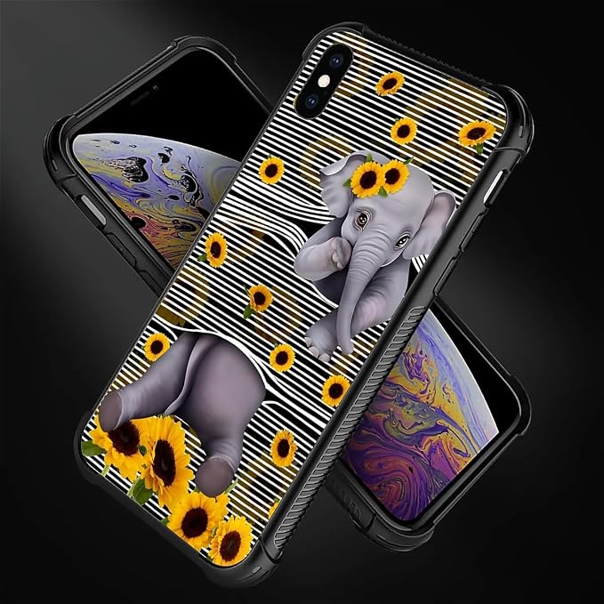 for iPhone X/Xs Case, Cute Little Elephant Sunflower White Line Art Pattern - Image 3