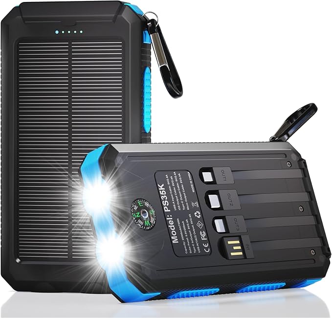 Durecopow Solar Charger Power Bank 20, Portable Charger, 4 Cables 3 Ports Fast by Durecopow