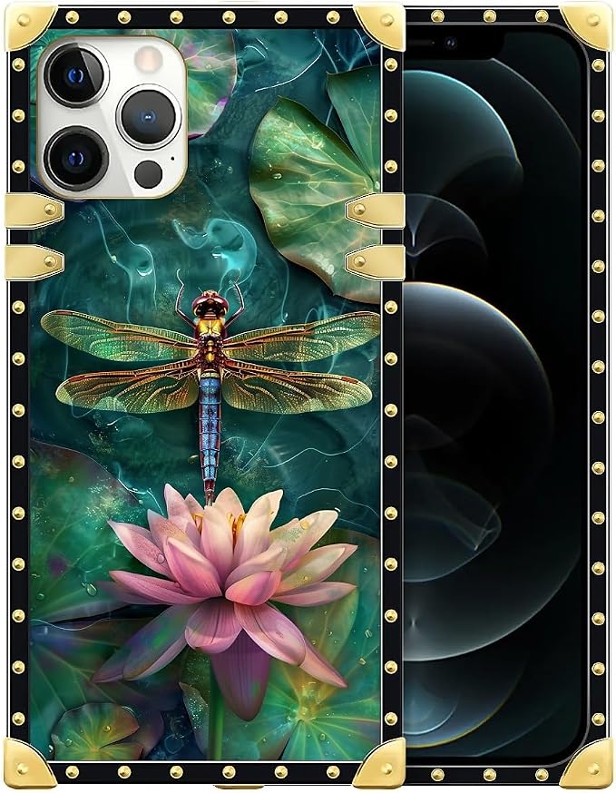 Compatible with iPhone 12 Case, Colourful Dragonfly Pink Lily Pads Luxury by Unknown