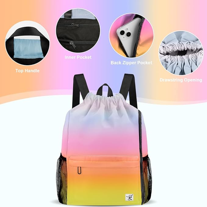 Drawstring Backpack with Mesh Pockets String Gym Bag Sackpack Sandproof Water - Image 4