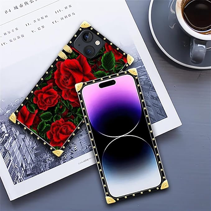 Compatible with iPhone 14 Case, Vector Red Rose Green Leaf Luxury Golden - Image 6