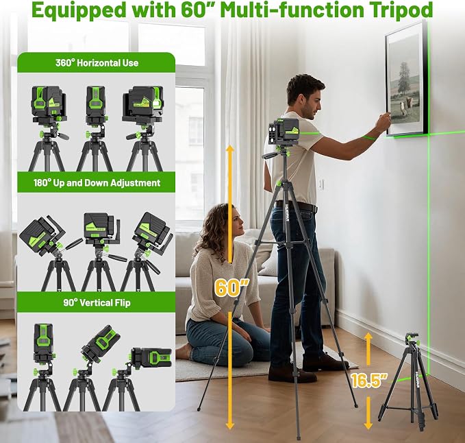 Huepar Laser Level with 60in Tripod, 1/13 High Accuracy Self Leveling Green - Image 3