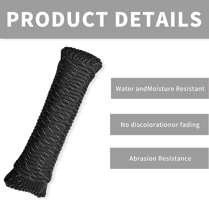 Paracord Rope, Reflective III Parachute Cord 7 Strand Core 550lb, 100ft Black - Image 2