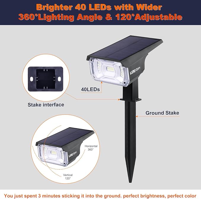LEREKAM Solar Spot Lights, IP65 Waterproof 40 LEDs Landscape Spotlights - Image 6