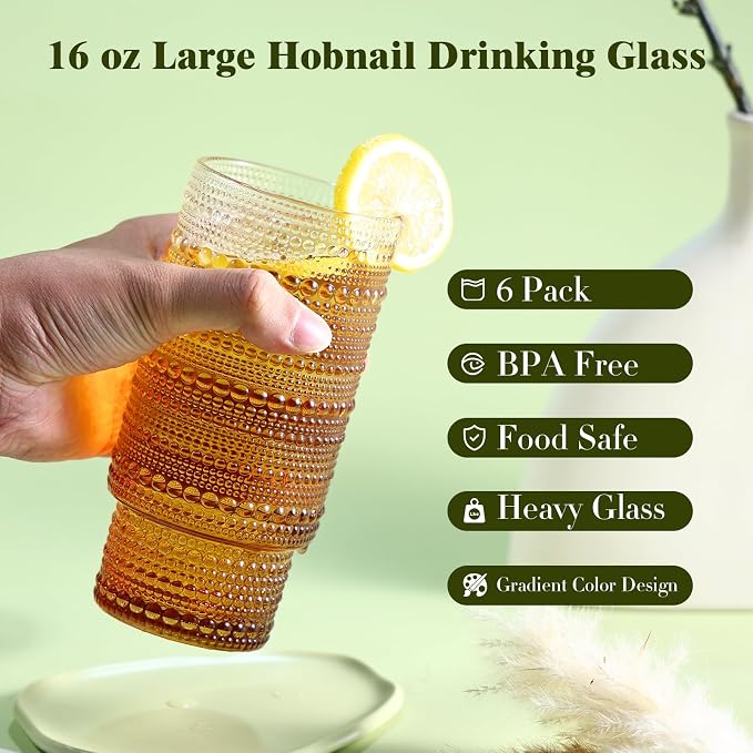 Large Capacity 16 oz Hobnail Drinking Glasses Set of 6, Vintage Glassware - Image 2
