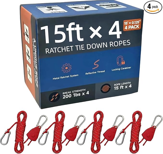 Longer 15ft Ratchet Straps Ropes Tie Down Rope Strap Small Mini Reflctive by KOKKOYA