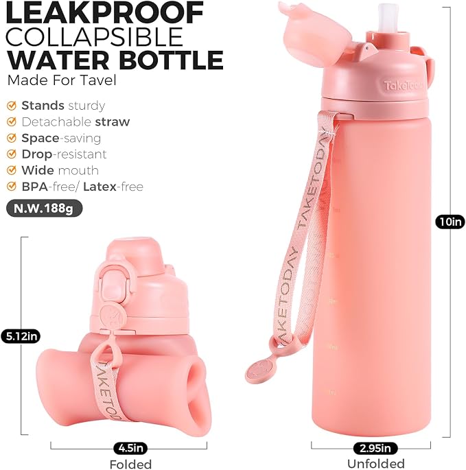 TakeToday Collapsible Water Bottles 21oz, Foldable Platinum Silicone Travel - Image 2