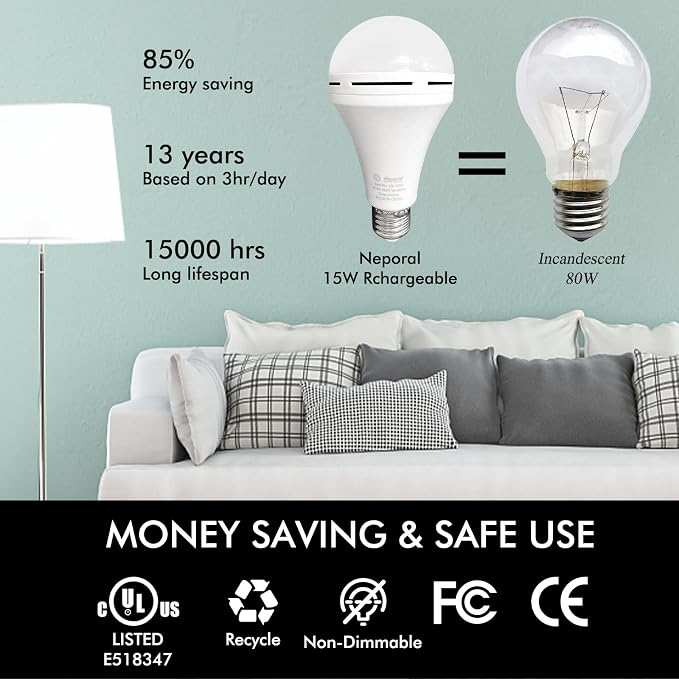 Rechargeable Light Bulbs, Back Up Battery Light Bulbs, 15W 80W Equivalent 6000K - Image 3