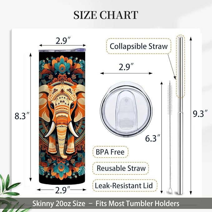 Firmiso 20 oz Tumbler｜Skinny Insulated Travel Mug｜Mandala Elephant Stainless - Image 6