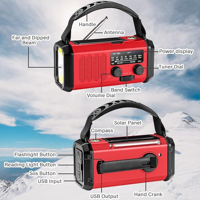Leaton Weather Radio, Emergency Crank Radio AM/FM/NOAA Solar/Hand Crank/USB - Image 6