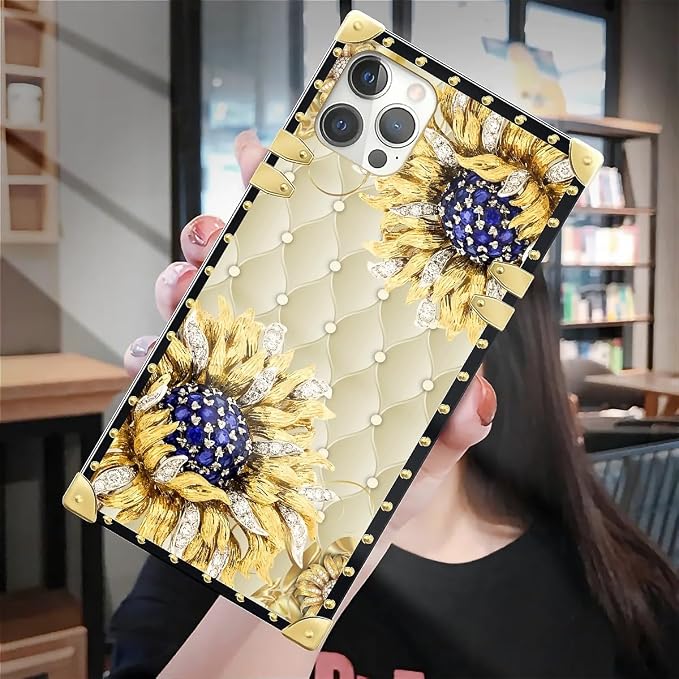 Compatible with iPhone 12 12 Pro Case, Sunflower Diamonds Leather Luxury Golden - Image 7