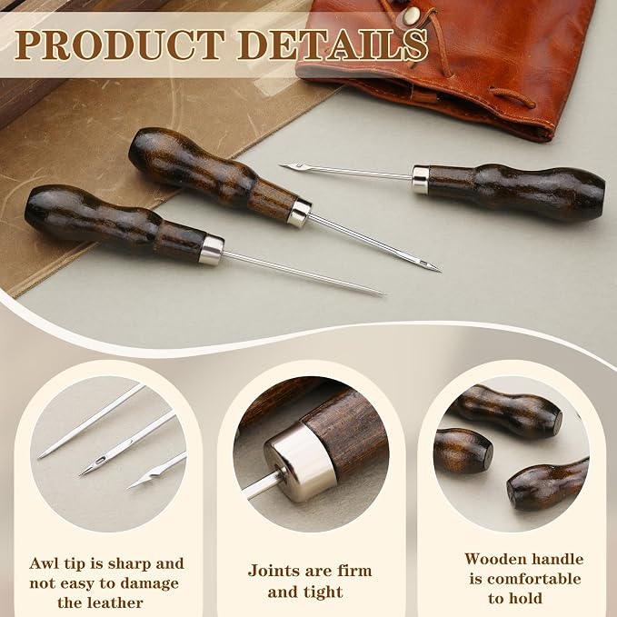 ZXIIXZ 3 Pcs Sewing Awl, Leather Scratch Hollow Hook Awl Tool Kit, Awl Tool - Image 3