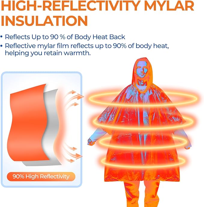 K Kingstar 2 Pack Emergency Mylar Poncho, Waterproof Rain Ponchos, Reusable - Image 3