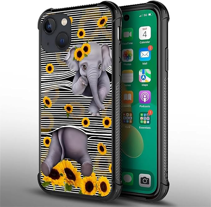 for iPhone 13 Mini Case, Cute Little Elephant Sunflower White Line Art Pattern - Image 7