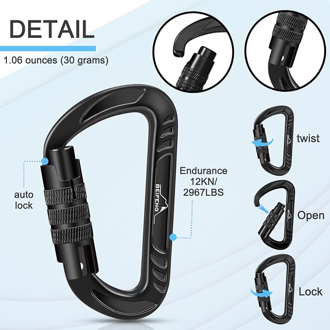 BEIFENG Heavy Duty Lightweight Locking Carabiner Clips D Ring - Image 3