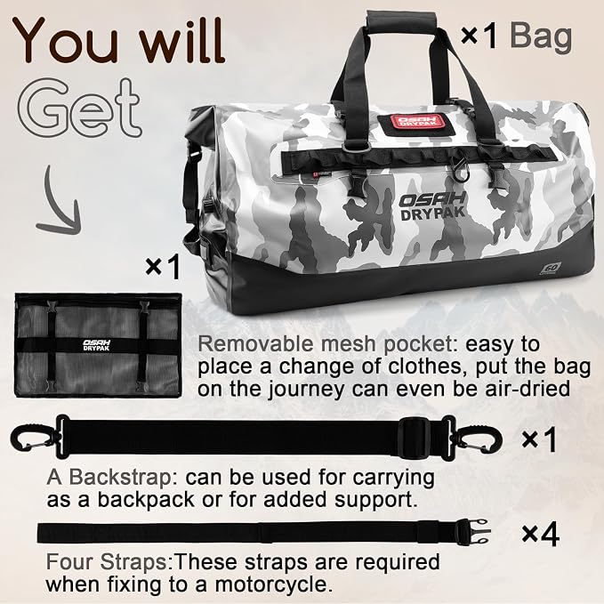 OSAH DRYPAK Waterproof Duffel Bag 25L/40L/60L – Heavy-Duty Motorcycle Tail Bag - Image 8