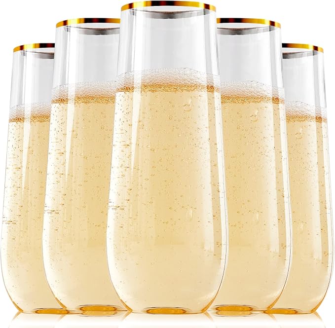 FOCUSLINE 24 Pack 9 Oz Plastic Stemless Gold Rim Champagne Flutes, Heavy Duty by FOCUSLINE