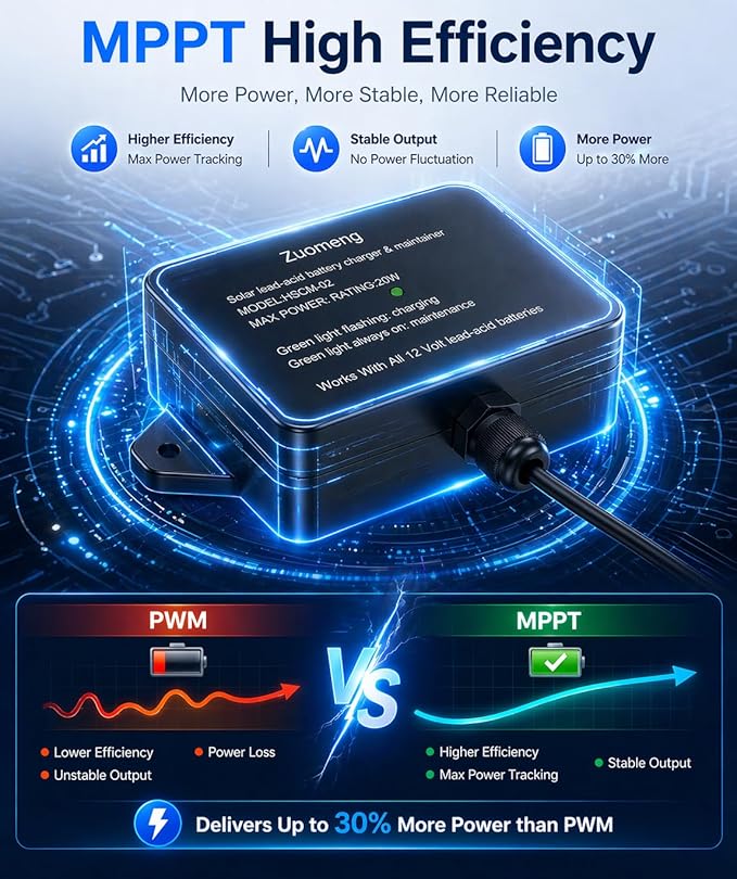 20W Solar Battery Maintainer & Trickle Charger, MPPT & Pulse Tech Solar Panel - Image 2