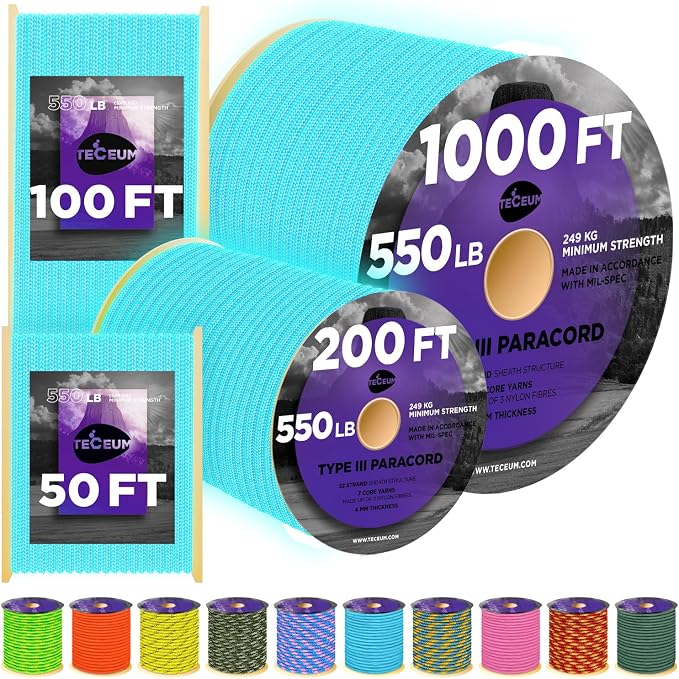 TECEUM Reflective Paracord Rope 1000 – 1000ft/200ft/100ft/50ft – 40+ Colors – by TECEUM
