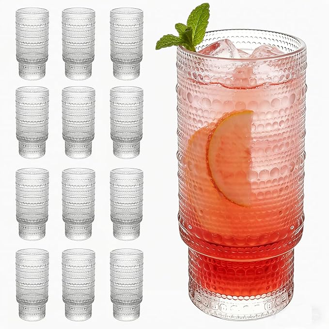 Large Capacity 16 oz Hobnail Drinking Glasses Set of 12, Vintage Glassware by Cowjut