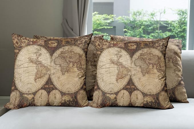 Ambesonne World Map Throw Pillow Cushion Case Pack of 4, Old World Map Drawn in by Ambesonne