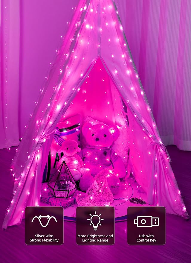 Brightown 300 LED Pink Fairy Curtain Lights, 9.8ft x 9.8ft String Lights - Image 3