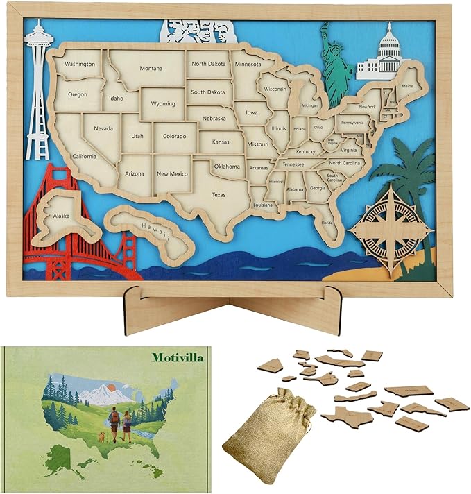 Wooden USA Landmark Travel Map, 16.5 x 11, 3-Layer Wood State Map Tracker Puzzle by Motivilla