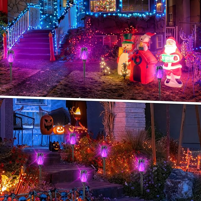 EOYIZW Solar Lights Outdoor, Halloween Decorations Purple Solar Tiki Torches - Image 2