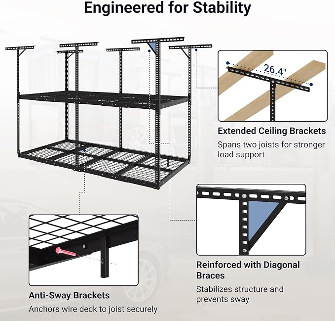FLEXIMOUNTS 4x8 2-Tier Overhead Garage Storage Rack – Adjustable Heavy Duty - Image 6