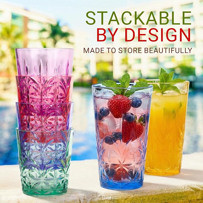 Bravario Royal Plastic Drinking Glasses, 13 and 18 oz Set of 12, Plastic Cups - Image 3