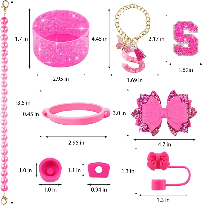 9PCS Hot Pink for Stanley Cup Accessories Set Bling Initials Bow Charms for - Image 3