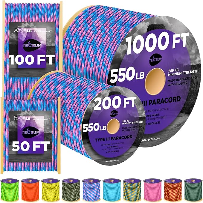 TECEUM Reflective Paracord Rope 1000 – 1000ft/200ft/100ft/50ft – 40+ Colors – by TECEUM