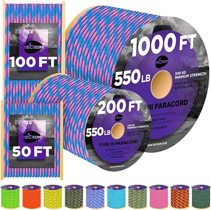 TECEUM Reflective Paracord Rope 1000 – 1000ft/200ft/100ft/50ft – 40+ Colors – by TECEUM