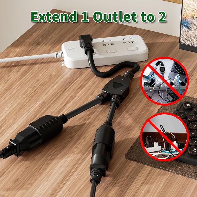Elecan 3-Prong Y Splitter Power Extension Cord 2 FT/2 Pack, 90-Degree Angled - Image 3