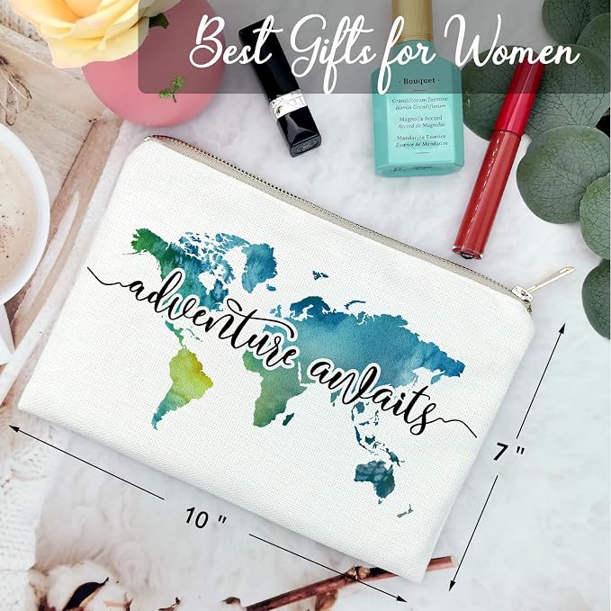 Travel Bag Adventure Awaits Makeup Case Cosmetic Bag Nature Linen World Map - Image 7