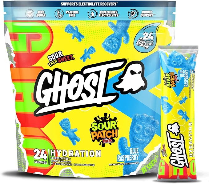 GHOST Hydration Packets, Sour Patch Kids Blue Raspberry, 24 Sticks, Electrolyte by GHOST